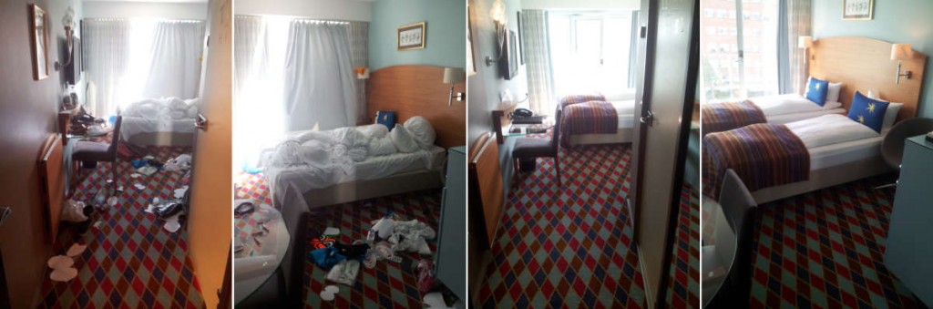Prieš ir po viešbučio kambario valymą